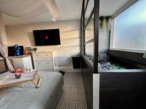 - une chambre avec un aquarium à côté d'un lit dans l'établissement Mini Loft avec Jacuzzi & Piscine - Cap d'Agde, au Cap d'Agde