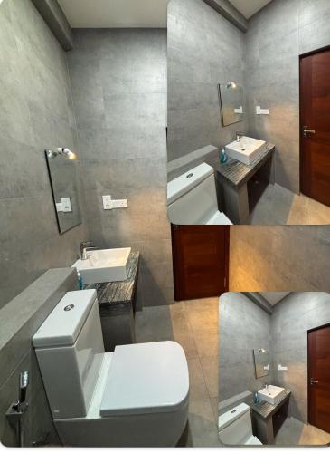 two pictures of a bathroom with a toilet and a sink at The Nest Kandana in Kandana