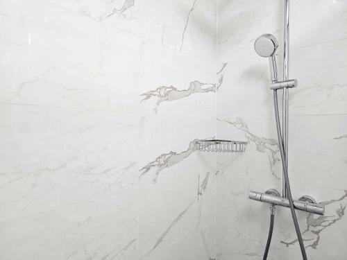 La salle de bains est pourvue d'une douche et d'un mur en marbre. dans l'établissement Charme cosy apt au coeur de paris, à Paris