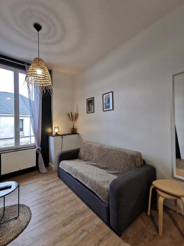 un salon avec un canapé et une table dans l'établissement Cocon Verde Appartement T2, à Cognac