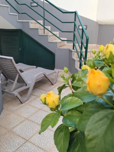 a stairway with a chair and a plant with yellow roses at Hortasol B in Funchal