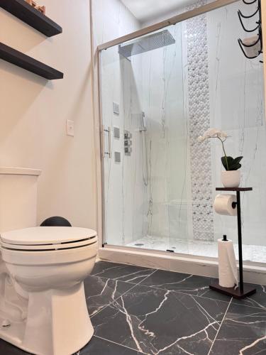 a bathroom with a toilet and a shower at The Beautiful 31 in Port Wentworth