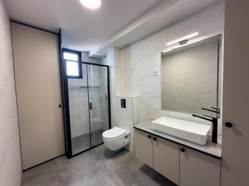 クラグイェヴァツにあるI&I Comfort Apartmentsのトイレ、洗面台、鏡を備えたバスルーム