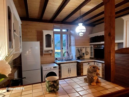Un ours en peluche assis au sol d'une cuisine dans l'établissement T3 avec jouissance jardin dans ancien presbytere, à Saint-Mamet