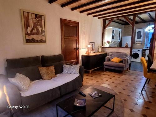 un salon avec un canapé et une table dans l'établissement T3 avec jouissance jardin dans ancien presbytere, à Saint-Mamet