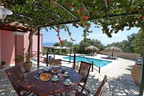 a patio with a table and chairs next to a pool at Blue Horizon in Gaios