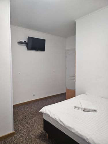 a bedroom with a bed and a flat screen tv on the wall at "Hel" Wieniec Zdrój in Włocławek