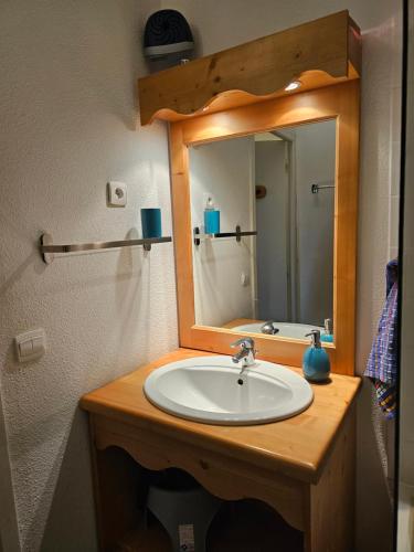 une salle de bain avec un lavabo et un miroir dans l'établissement App 2 chambres SuperBesse 35m2 4 à 6 personnes proches Lacs et commerces, à Besse-et-Saint-Anastaise