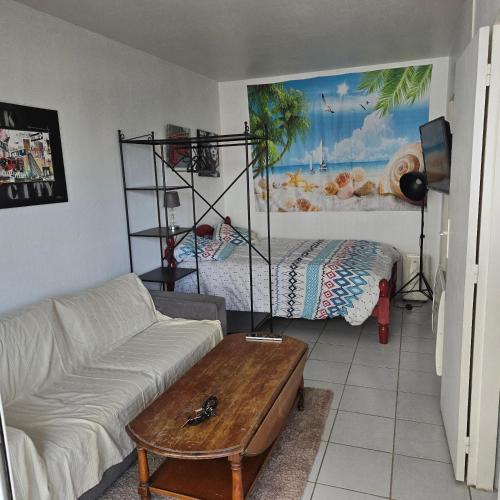 un salon avec un canapé et une table dans l'établissement Studio face au bassin plein centre d arcachon, à Arcachon