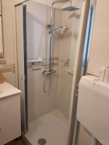 a shower with a glass door next to a toilet at La Baita in Pratola Peligna