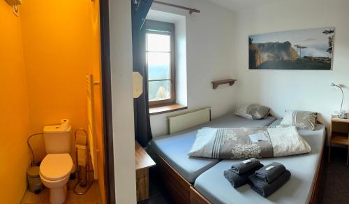 a small room with two beds and a toilet at Resort Mezná in Hřensko