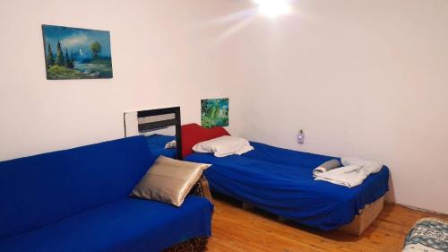 a room with two beds and a blue couch at Rosewood Balkan Cottage in Skopje