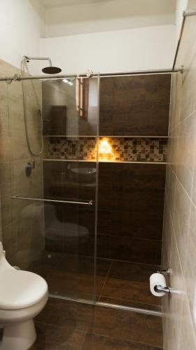 a bathroom with a glass shower with a toilet at Villa Oasis cafetero in La Tebaida