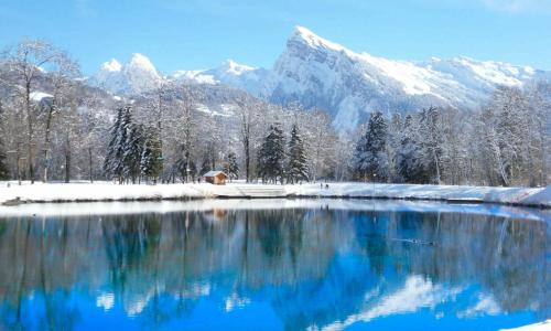 un lac bleu avec des montagnes enneigées en arrière-plan dans l'établissement Charmant mobilhome lac et montagnes remontées ski Morillon, à Verchaix