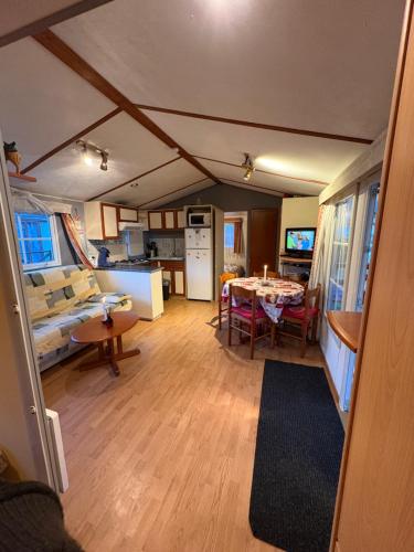 Cette caravane offre une vue sur un salon et une cuisine. dans l'établissement Charmant mobilhome lac et montagnes remontées ski Morillon, à Verchaix