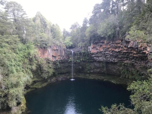 a pool of water with a waterfall in a forest at Parcela de Agrado "Entre Lagos y Volcanes" in Puyehue