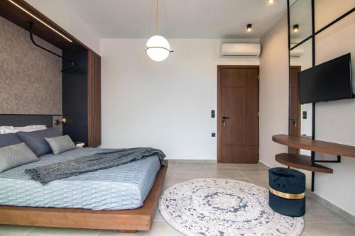 a bedroom with a bed and a television and a rug at Calma Holiday House in Atsipopoulo