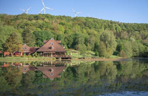 a house with windmills on a hill next to a lake at Hotel-Restaurant Eifeler Seehütte in Rieden