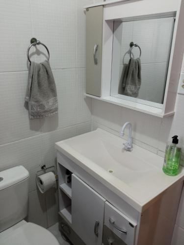 ウルグアイアナにあるCasa aconcheganteの洗面台、トイレ、鏡のあるバスルーム