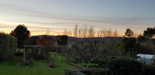 a view of a garden with trees and a sunset at BRAND NEW Perfect tiny home in Mangawhai in Hakaru