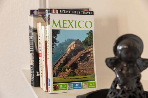 a book on mexico on a shelf next to a figurine at Bohemian Loft Xochimilco Neighborhood - 1 Bed in Oaxaca City