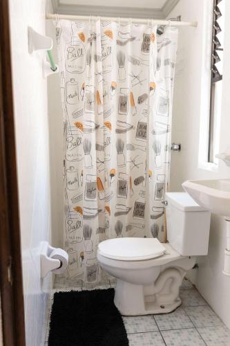 a bathroom with a toilet and a shower curtain at Bohemian Loft Xochimilco Neighborhood - 1 Bed in Oaxaca City