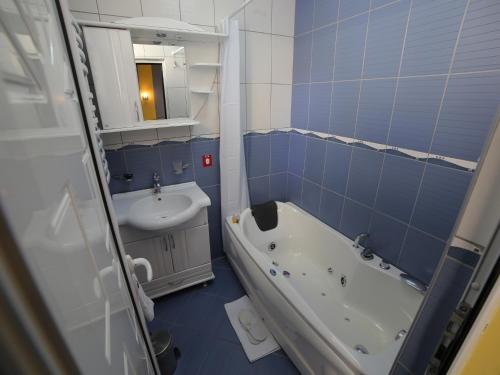 a blue and white bathroom with a tub and sink at Hotel Ženeva in Kragujevac