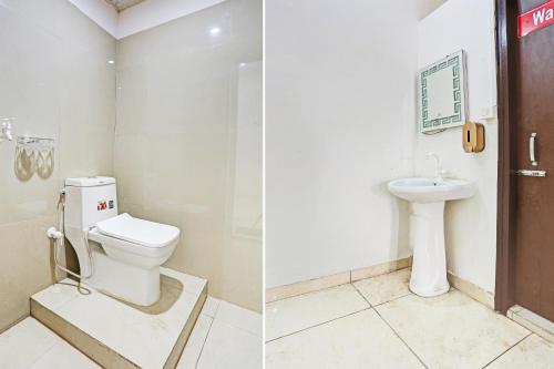 two pictures of a bathroom with a toilet and a sink at Super Hotel O Park Inn Near Parashuram Chowk in Morādābād