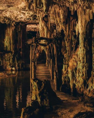 a cave with a wooden bridge in the water at Loft Cabins In Cenotes Natural Park Tulum in Tulum