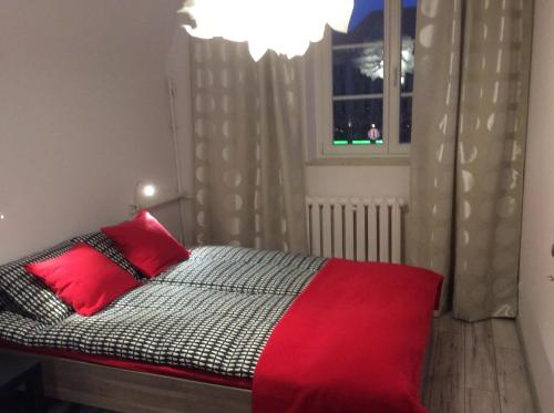 a bedroom with a bed with red pillows and a window at Mieszkanie Na Placu Solnym in Wrocław