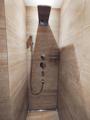 a bathroom with a shower with a shower head at Luxury Escape - Titlis Panorama in Engelberg
