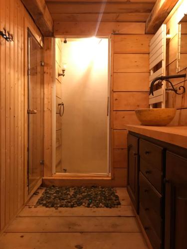 La salle de bains en bois est pourvue d'une douche avec une porte en verre. dans l'établissement Villa Mon Amour à Grimaud, à Grimaud
