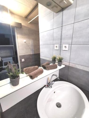 une salle de bain avec un lavabo blanc et un miroir dans l'établissement Rodez centre ville, Parking gratuit, Petit déjeuner, à Rodez