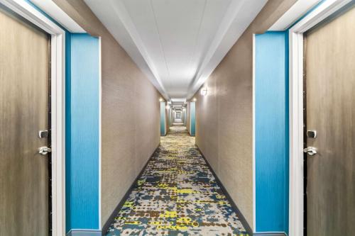 a corridor in a hotel with blue walls and a colorful carpet at Hampton Inn Lexington - Georgetown I-75 in Georgetown