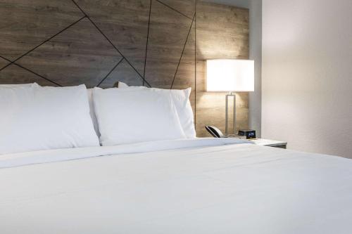 a bed with white pillows and a table with a lamp at Rodeway Inn & Suites near Outlet Mall - Asheville in Asheville