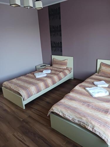 two beds in a room with wooden floors at Pensiunea Casa Cora in Stupăreni