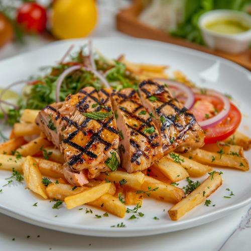 a plate of food with meat and french fries at Ahiva Village in Fulhadhoo