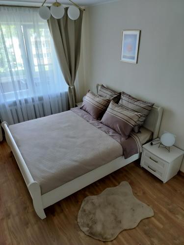 a bedroom with a large bed and a window at Apartamentai dviems Ignalinoje in Ignalina