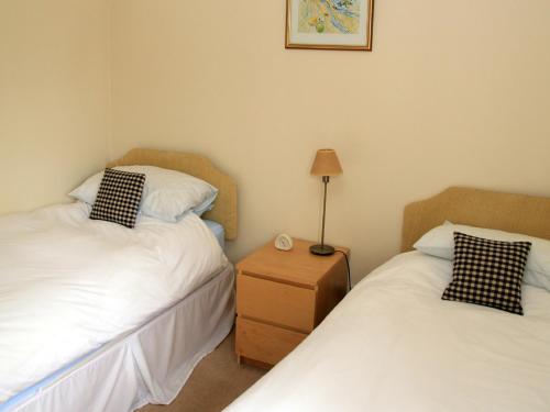 1 dormitorio con 2 camas y mesita de noche con lámpara en Westacre Lodge en Auchterarder