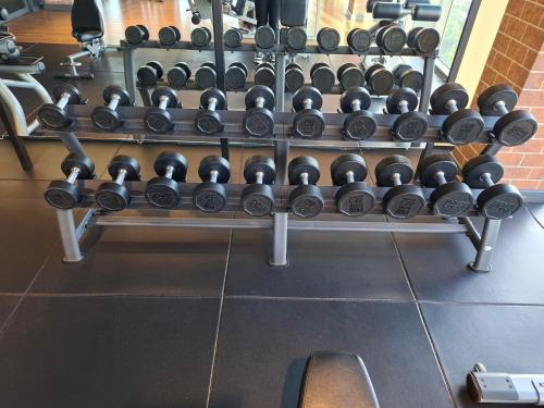a rack of dumbbells in a gym at Ceylonz Suites By ANA MALAYSIA in Kuala Lumpur