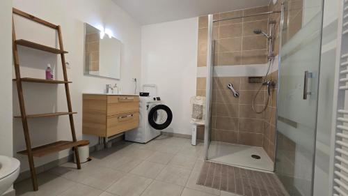 a bathroom with a shower and a toilet and a sink at Vacances Ô Kastel - Studio Centre Ville proche de la mer in Fouesnant