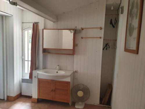 une petite salle de bain avec un lavabo et un miroir dans l'établissement Villa familiale typique à Lacanau-Océan, à Lacanau