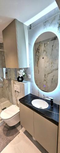 une salle de bain avec un lavabo, des toilettes et un miroir dans l'établissement Studio Nice Plage Luxe, à Nice