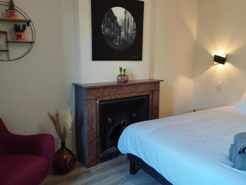 una camera da letto con un letto e un camino di CoLiving des Moulins sur Crémieu 3étoiles - Proche de Lyon & Bugey a Crémieu