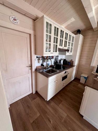 a kitchen with white cabinets and a sink at Log cabins at Iron Rose in Czech Canada in Nová Bystřice