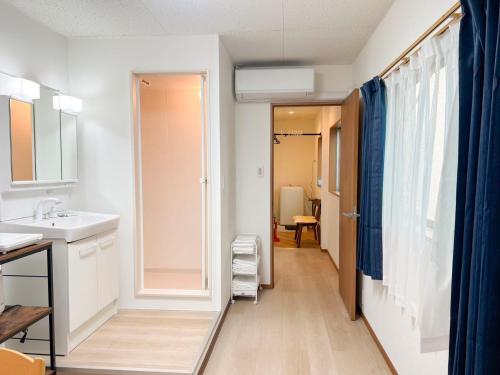 a bathroom with a sink and a walk in shower at RUKA guest house in Osaka