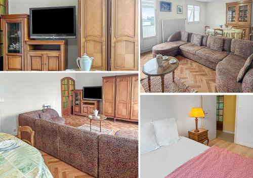 - trois photos d'un salon avec un canapé et une télévision dans l'établissement StCyrSurLoire Lumineux et bien situé avec balcon & parking privé, à Saint-Cyr-sur-Loire