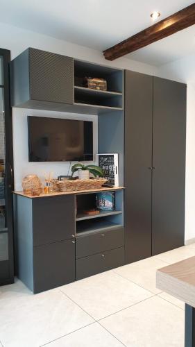 a room with a wall with a tv and a shelf at GARY Suite - Studio Cosy, Spa et jardin privatif à 4 min de Cambrai in Awoingt