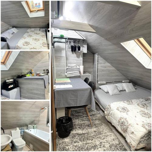 tre foto di una stanza con un letto e un lavandino di Гостиницы a Chişinău