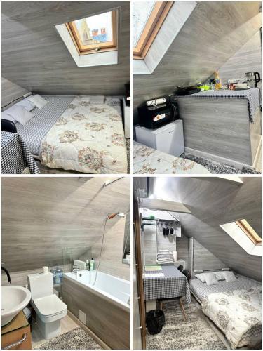 quattro foto di una camera da letto con un letto e un bagno di Гостиницы a Chişinău